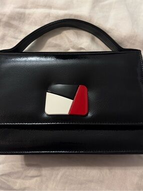 Black Patent Mini Top-Handle Bag with Red & Cream Accent